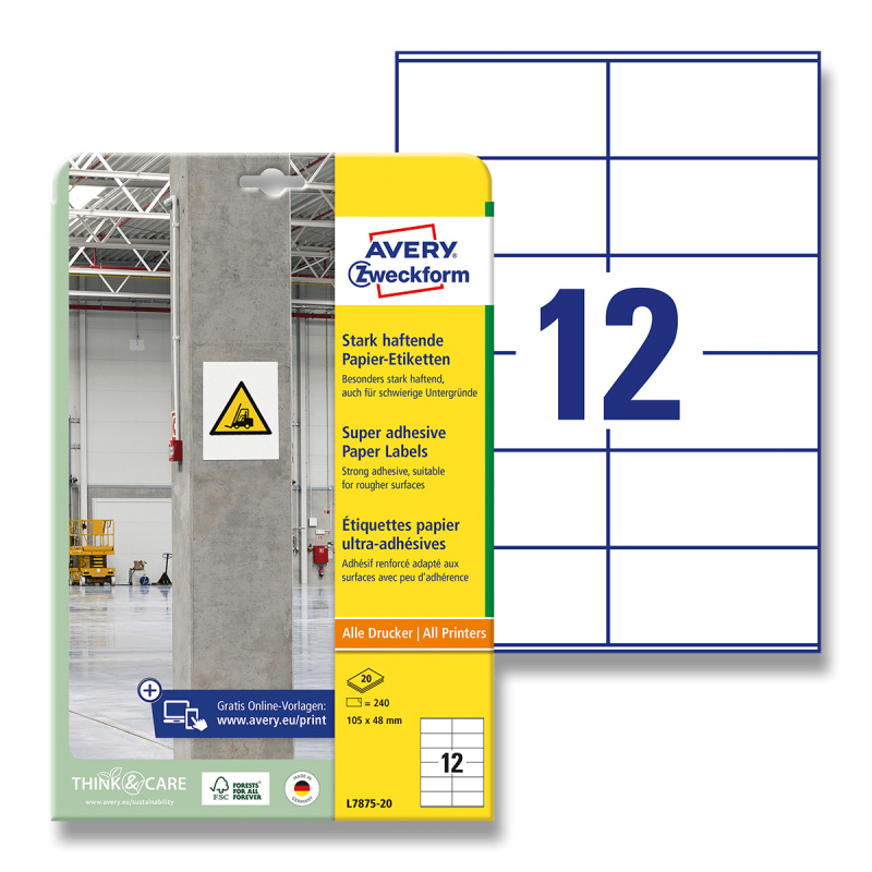 Etikety s vysokou lepivostí Avery Zweckform - bílé, 105 x 48 mm, 240 ks