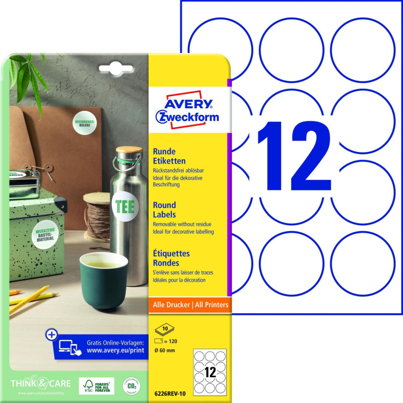 Snímatelné kulaté etikety Avery Zweckform - bílé, průměr 60 mm, 120 ks