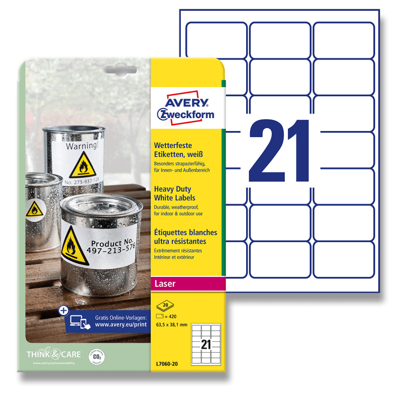 Avery Zweckform - samolepicí bílé PET etikety - 63,5 x 38,1 mm, 420 etiket