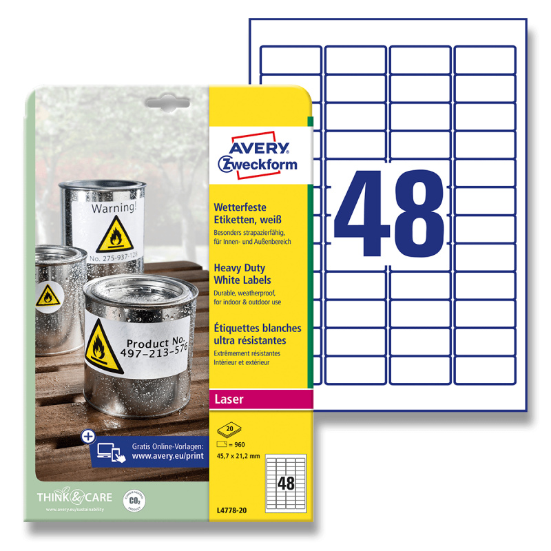 Avery Zweckform - samolepicí bílé PET etikety - 45,7×21,2 mm, 960 etiket