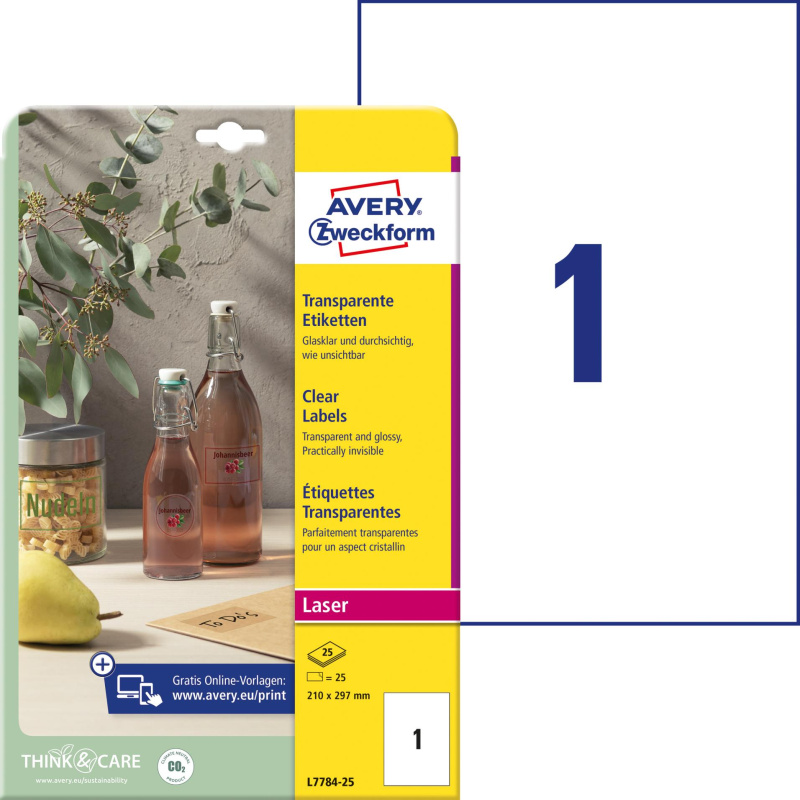 Velmi odolné polyesterové etikety Avery Zweckform - krystalicky čiré, 210 x 297 mm, 25 ks