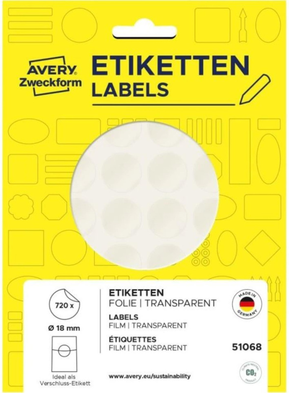 Kulaté uzavírací etikety Avery Zweckform - transparentní, fóliové, průměr 18 mm, 720 ks