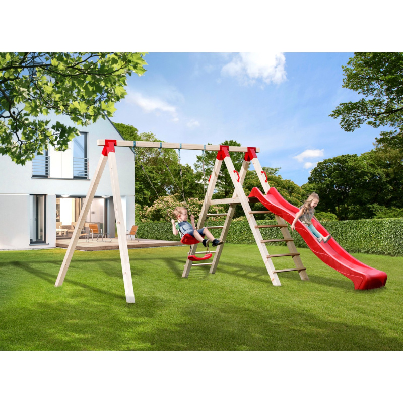 Weka Houpačka Tabaluga 816 A se skluzavkou, přírodní/červená, 350 x 286 x 218 cm