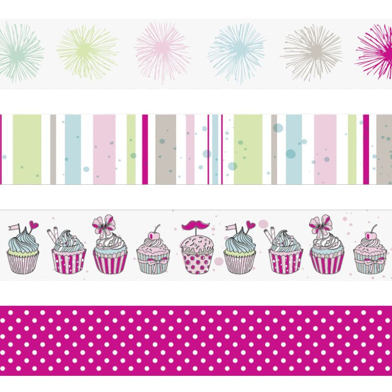 Samolepicí papírová washi páska sada - pruhy, puntíky, dortíky a ohňostroj (4ks)