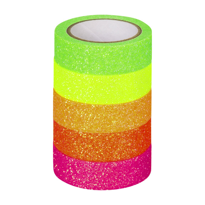 Samolepicí papírová washi páska sada - neonový třpytivý mix (5ks)