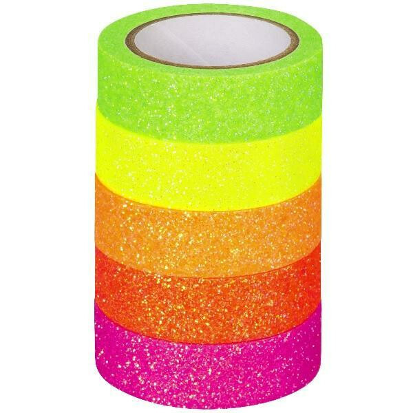 Samolepicí papírová washi páska sada - neonový třpytivý mix (5ks)