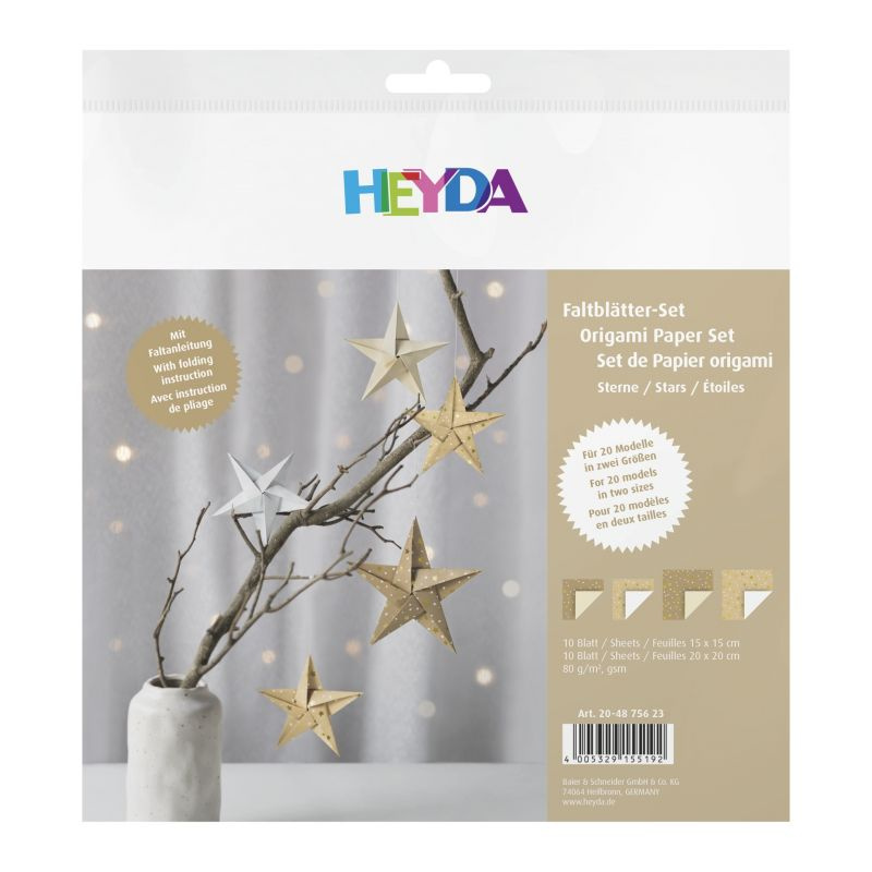 Papíry na origami 15x15cm a 20x20cm (20ks) kraft se zlatými hvězdičkami