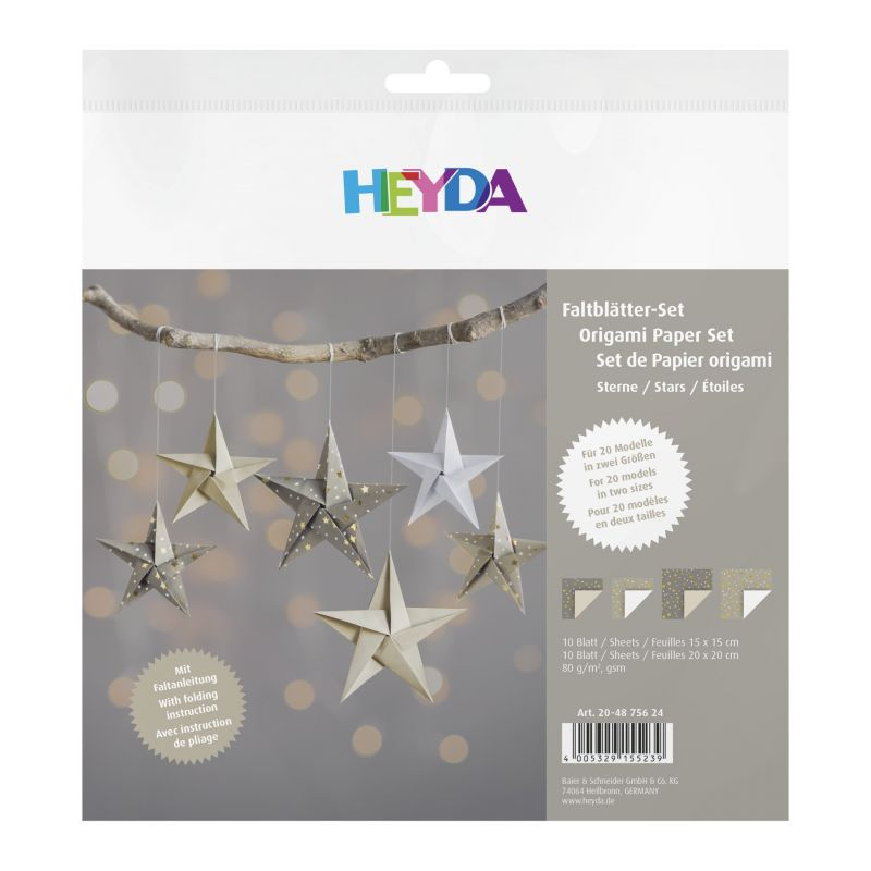 Papíry na origami 15x15cm a 20x20cm (20ks) šedá se zlatými hvězdičkami