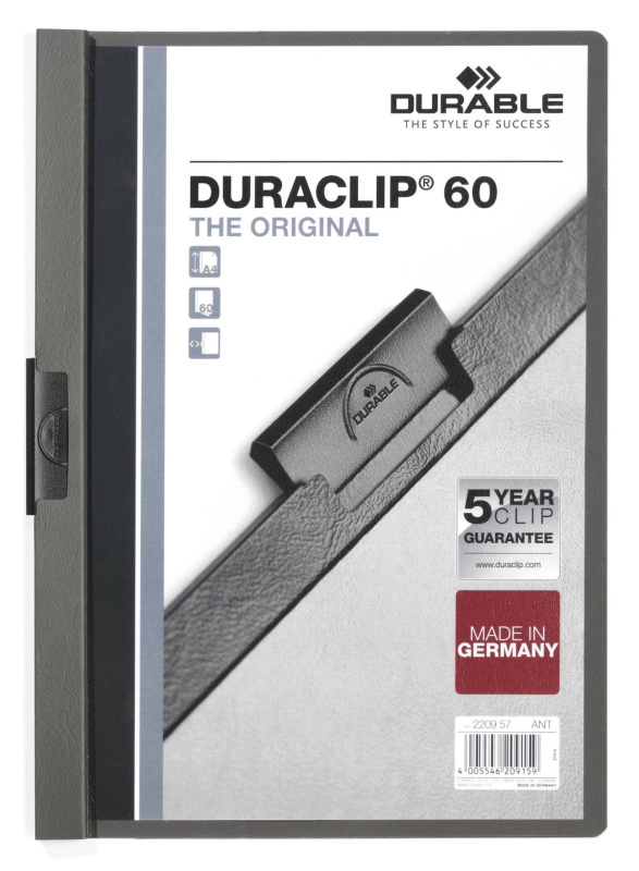 Zakládací desky s klipem Durable Duraclip - A4, kapacita 60 listů, antracitové