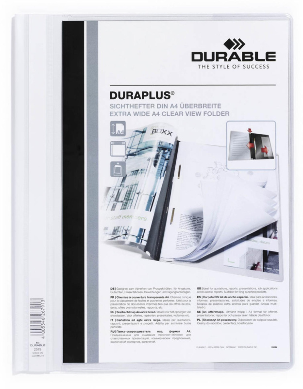 Plastový rychlovazač Durable - A4, s kapsou, bílé, 1 ks
