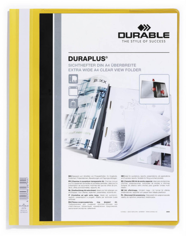 Plastový rychlovazač Durable - A4, s kapsou, žluté, 1 ks