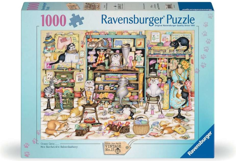 Puzzle Ravensburger 1000 dílků Vintage č.15 - Crazy Cats: Galantérie paní Hardwickové
