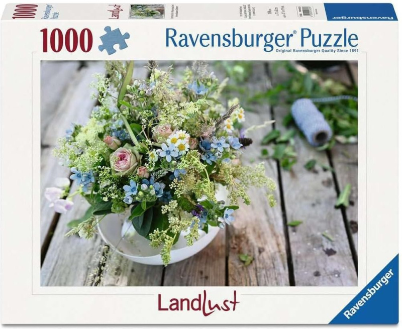 Puzzle Ravensburger 1000 dílků Landlust: Letní kytice s nebesky modrou tvídií