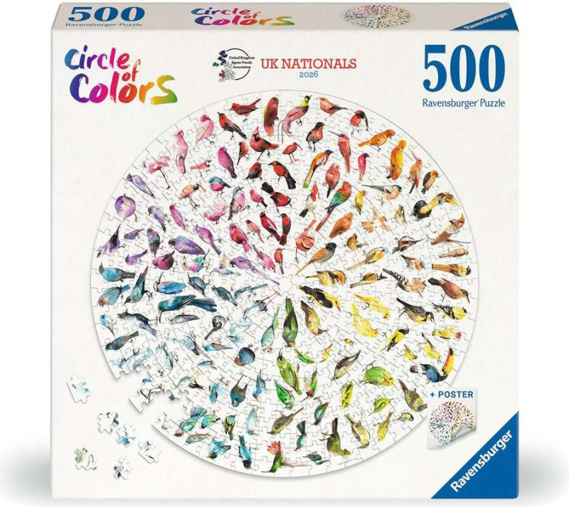 Kulaté puzzle Ravensburger 500 dílků Circle of Colors: Ptáci - UK Nationals 2026