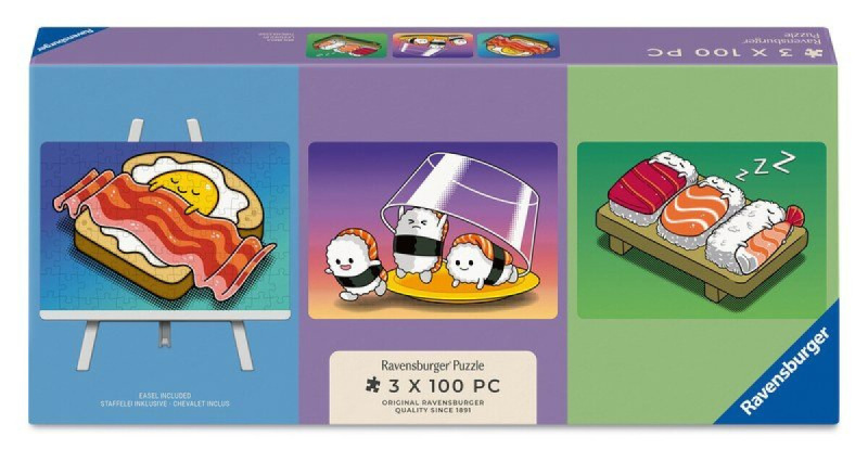Mini puzzle Trio se stojánkem Ravensburger 3x100 dílků Kawaii snídaně, oběd a večeře