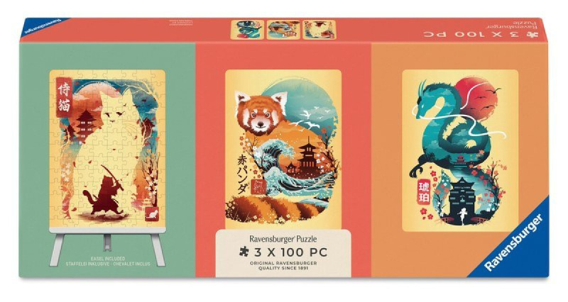 Mini puzzle Trio se stojánkem Ravensburger 3x100 dílků Ukiyo-e: Kočičí válečník, červená panda a dra