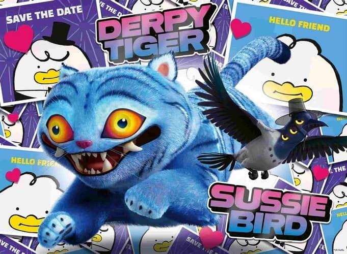 Puzzle Ravensburger 100 dílků XXL K-pop: Lovkyně démonů - Derpy Tiger & Sussie Bird