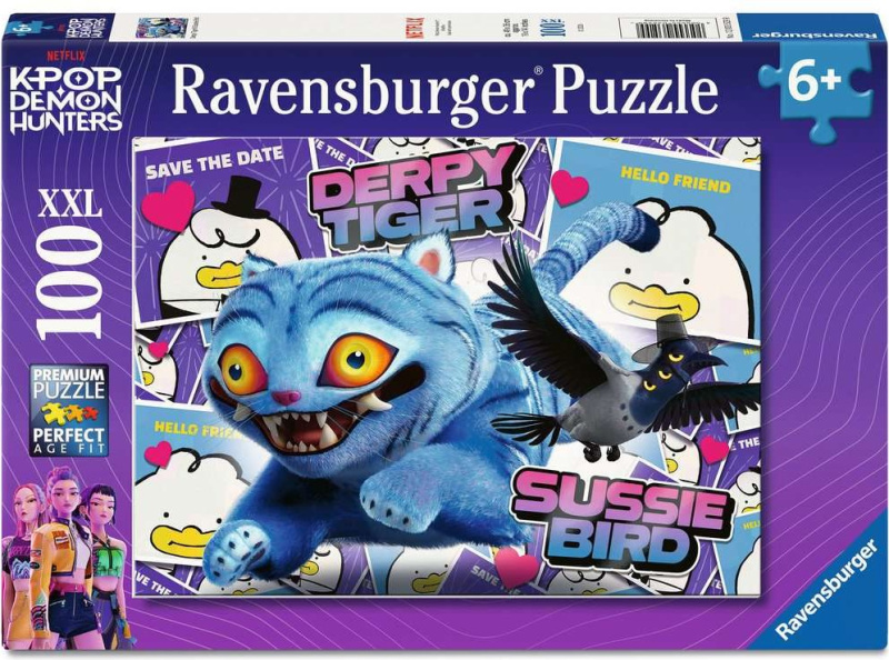 Puzzle Ravensburger 100 dílků XXL K-pop: Lovkyně démonů - Derpy Tiger & Sussie Bird