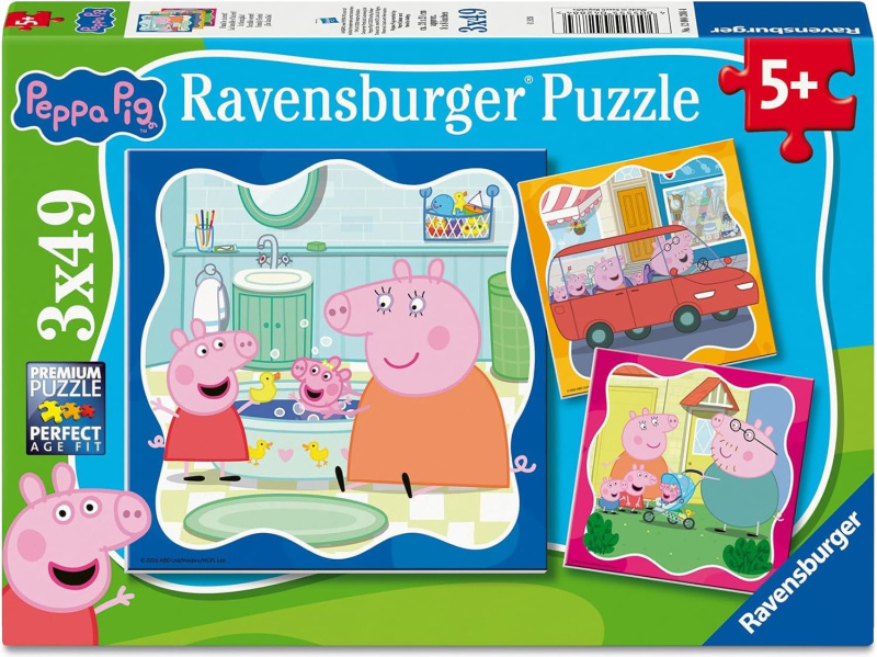 Ravensburger puzzle Prasátko Peppa – rodina na prvním místě 3×49 dílků
