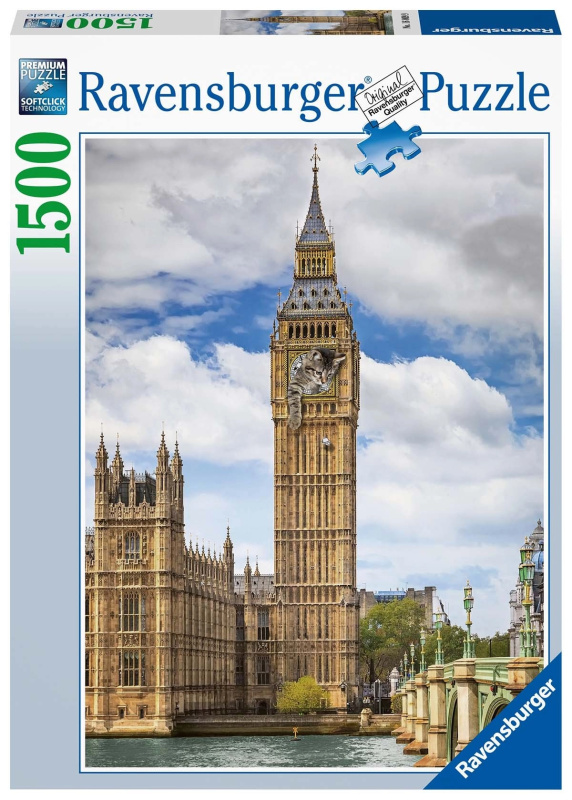 Puzzle 1500 dílků – zábavná kočka na hodinách Big Ben RAVENSBURGER