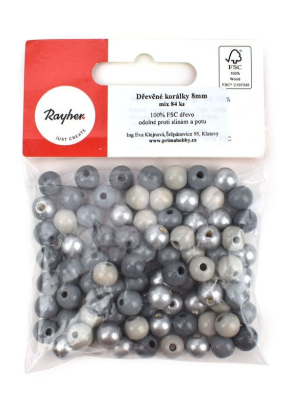 Dřevěné korálky, 8 mm, mix šedý, 84 ks Ing.Eva Klejnová