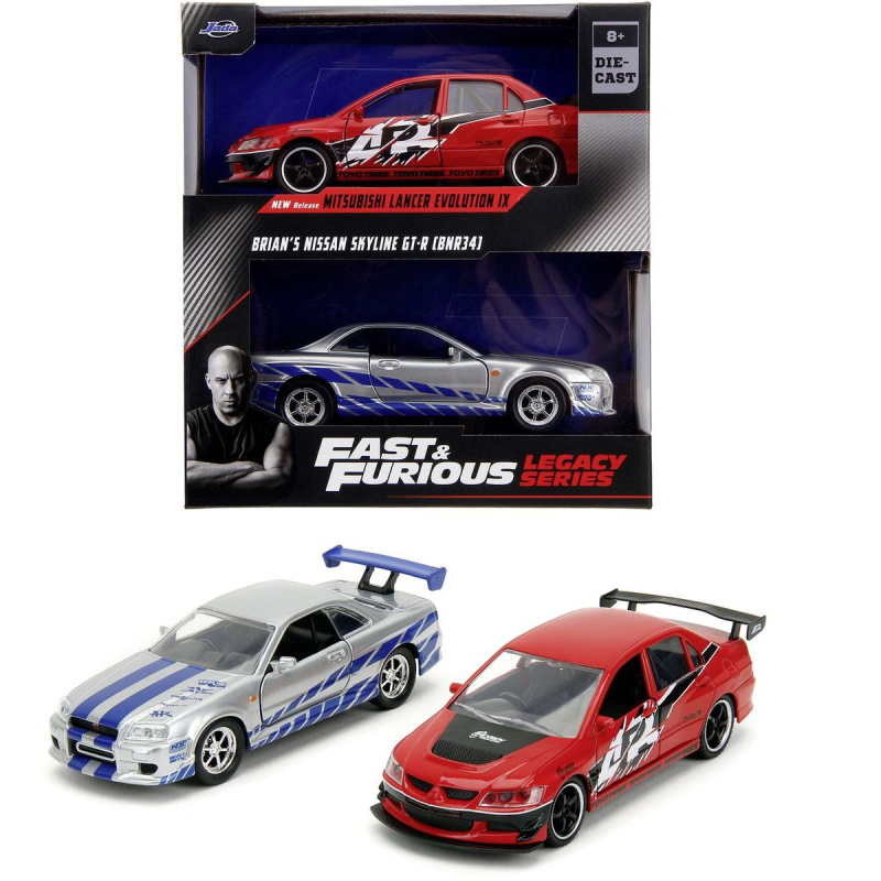 Rychle a zběsile Twin Pack 2006 Mitsubishi Lancer Evo IX + Brianův 2002 Nissan Skyline GTR R34, 1:32 Wave 4/2