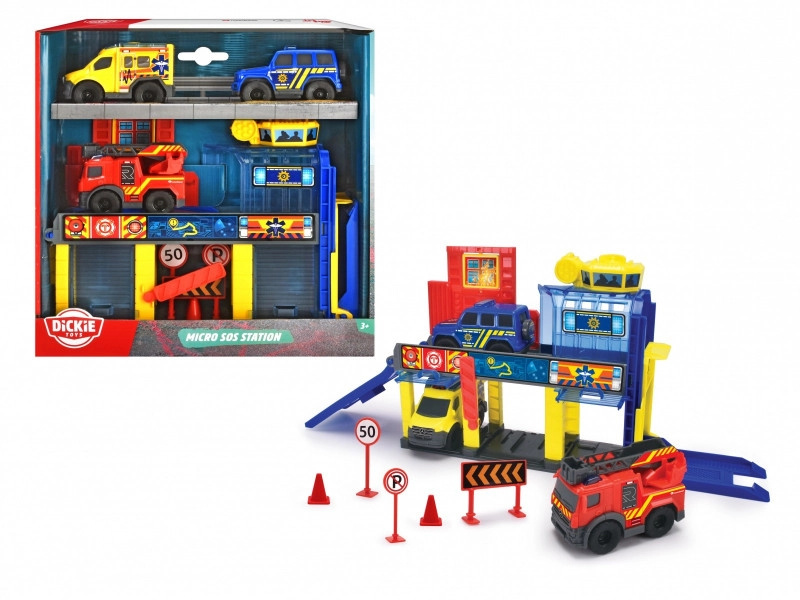 Dickie Toys Mini záchranná stanice Sada 3 záchranářských vozidel sanitka hasiči policejní auto + příslušenství