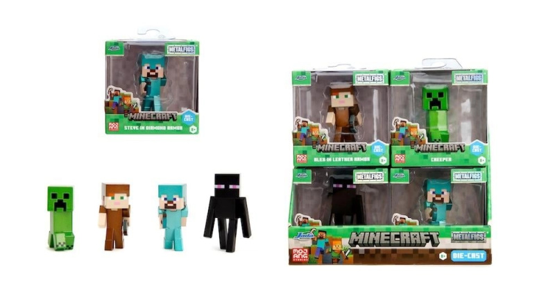 kovové figurky MINECRAFT – set 4 postav (Steve, Alex, Creeper, Warden) 6,5 cm
