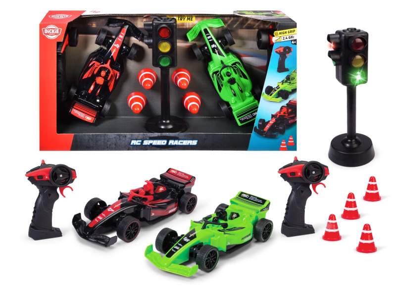 Dickie RC Speed Racers – sada dvou závodních aut na dálkové ovládání se světelnou signalizací a kužely