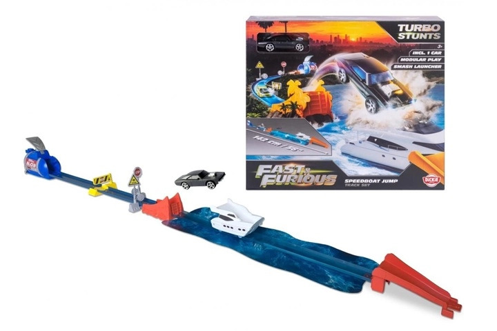 Kaskadérská závodní dráha Fast & Furious Speedboat Jump s autem Dodge Charger 1970