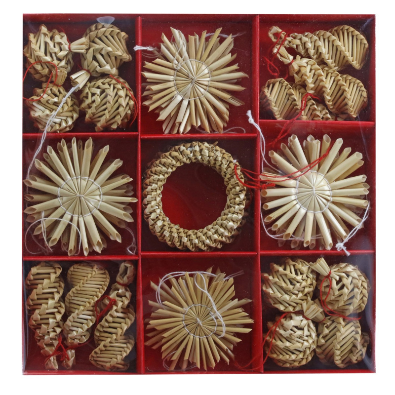 Vánoční dekorace sada slaměných ozdob k zavěšení 3,5-6 cm, 32 ks