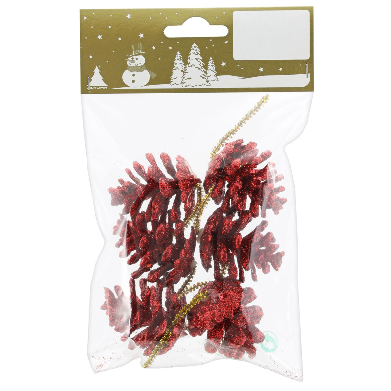 Vánoční dekorace sada šišek, červená, 4 cm, 6 ks