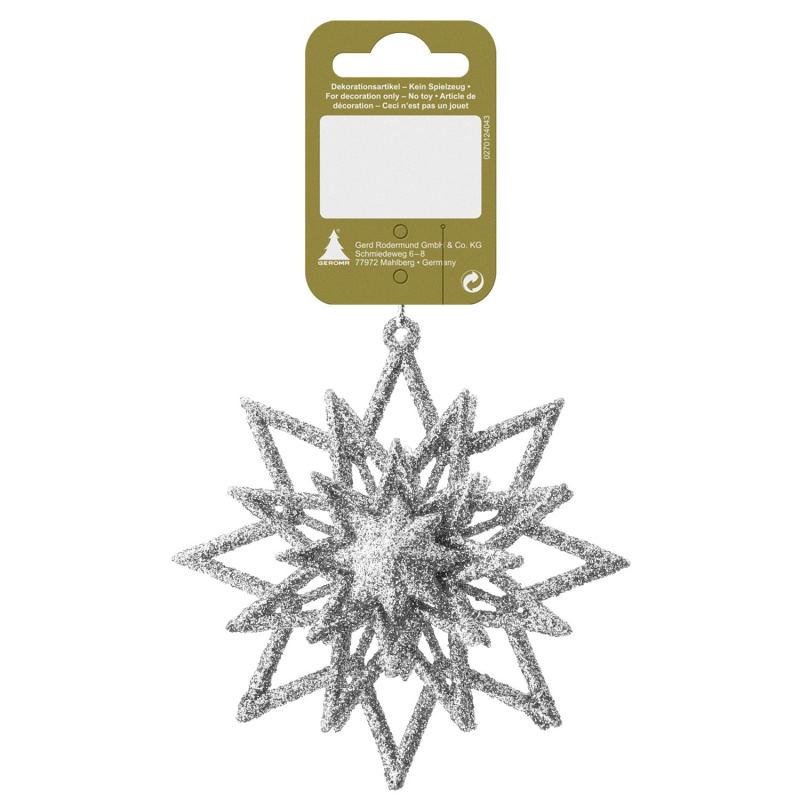 Třpytivá hvězda plast k zavěšení, stříbrná, 10 cm