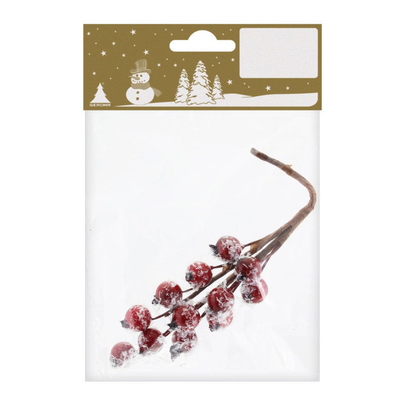 Větvička s bobulemi zasněžená, červené, 15 cm