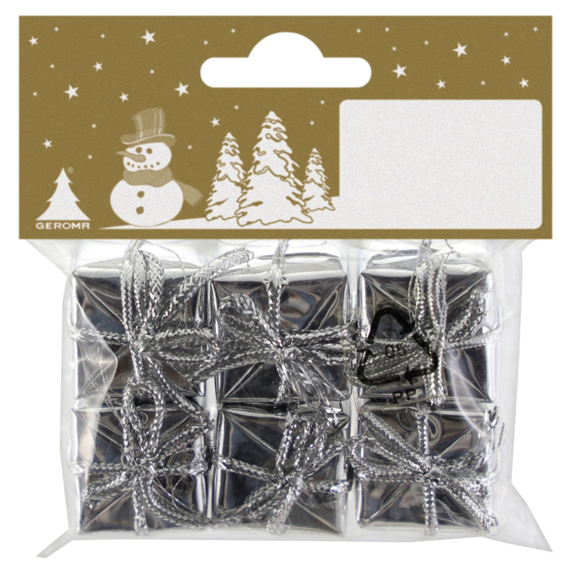 GEROMA Vánoční dekorace dárečky plastové stříbrné 2,5 x 2,5 cm, 6 ks