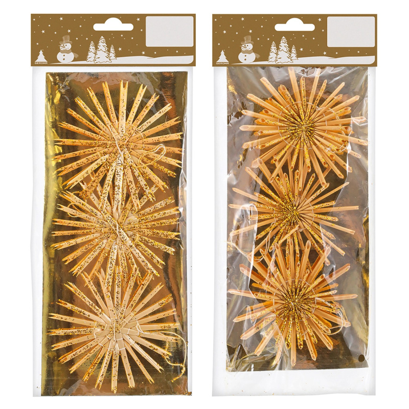 GEROMA Vánoční ozdoby slaměné hvězdy s třpytkami různé druhy pr. 10 cm, 3 ks