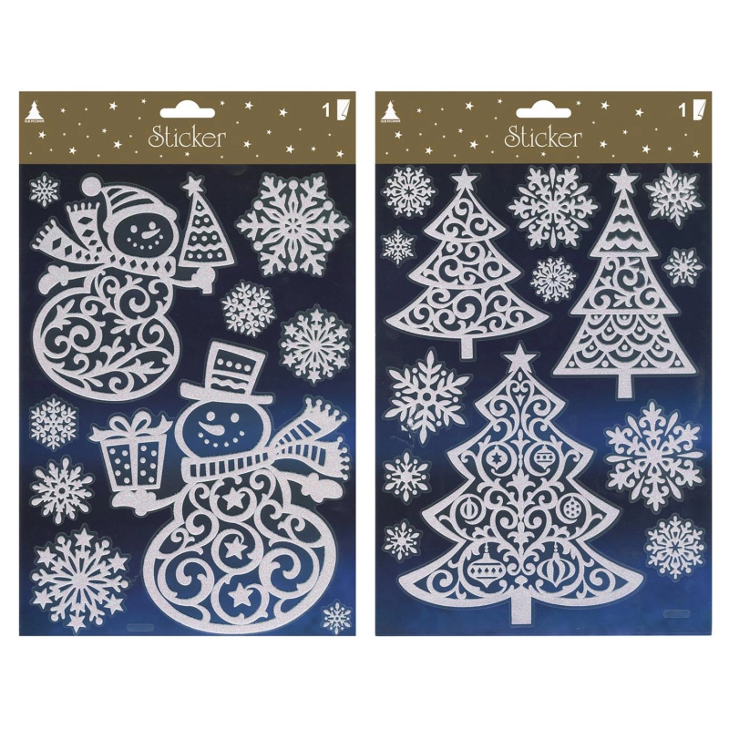 Vánoční obrázky na okno se třpytkami, bílá, 19 x 32 cm, různé druhy