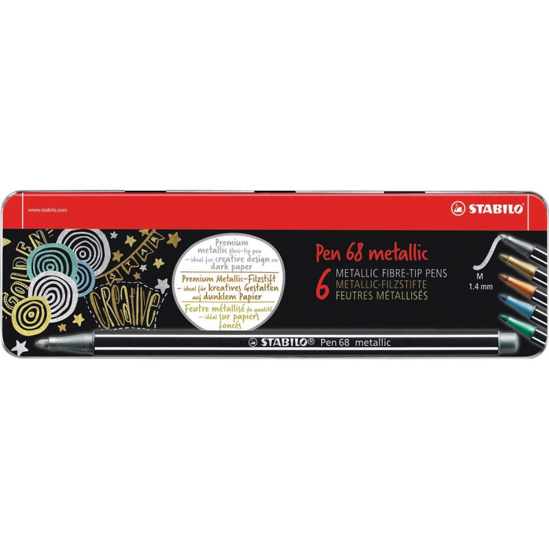 STABILO 6806-8-32 Metallic Prémiový vláknový metalický fix Pen 68, 6 ks kovové pouzdro