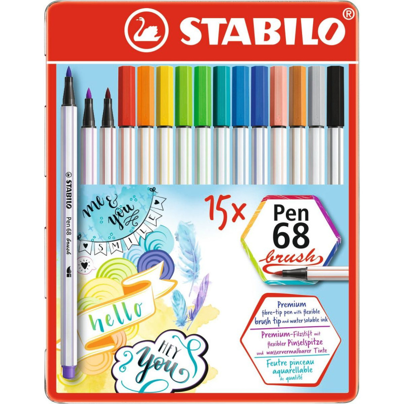 STABILO 568-15-32 Pen 68 brush Prémiový vláknový fix s flexibilním štětcovým hrotem 15 ks kovové pouzdro