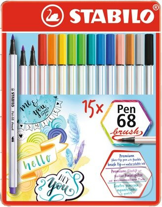 STABILO 568-15-32 Pen 68 brush Prémiový vláknový fix s flexibilním štětcovým hrotem 15 ks kovové pouzdro