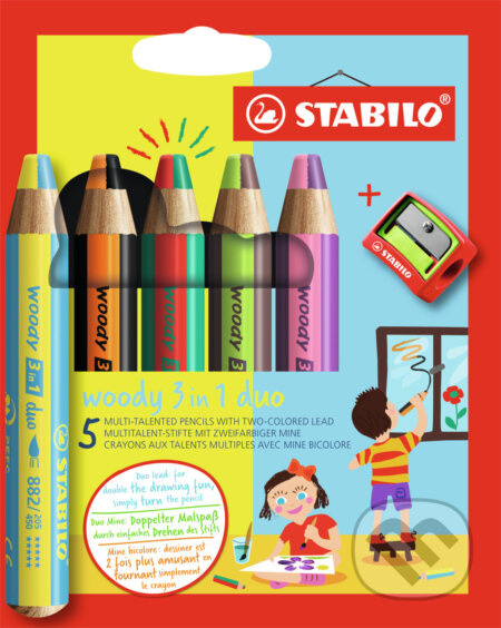 Pastelka, vodovka & voskovka v jednom STABILO woody 3 in 1 duo 5 ks sada s ořezávátkem