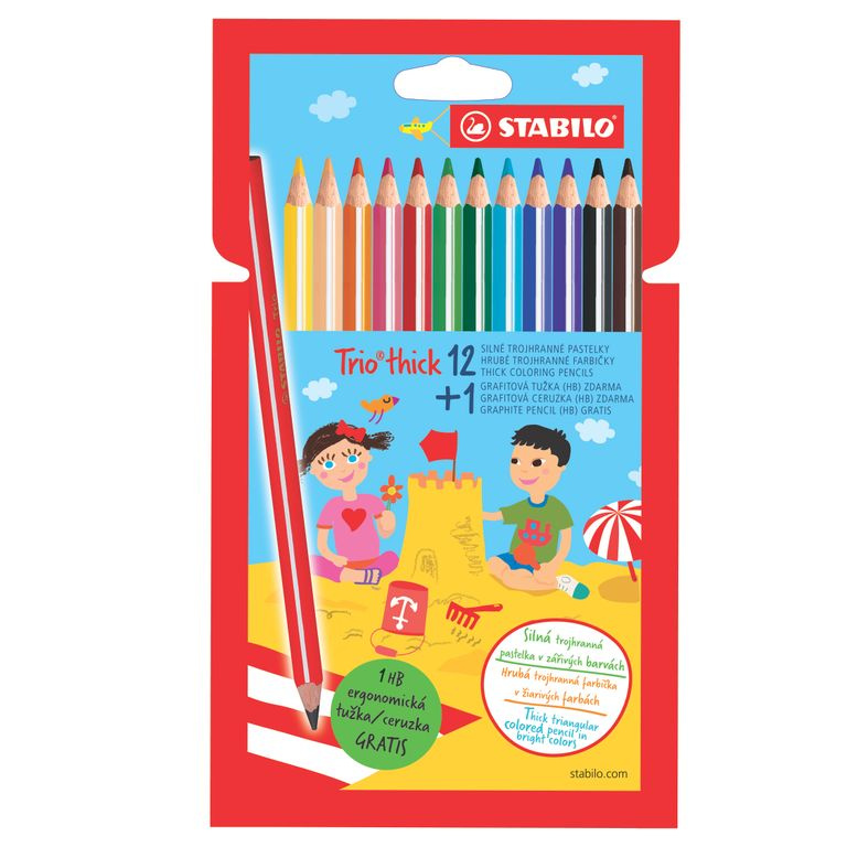 Trojhranné pastelky a grafitová tužka - STABILO Trio silná - 12 + 1 ks sada - 12 různých barev + HB