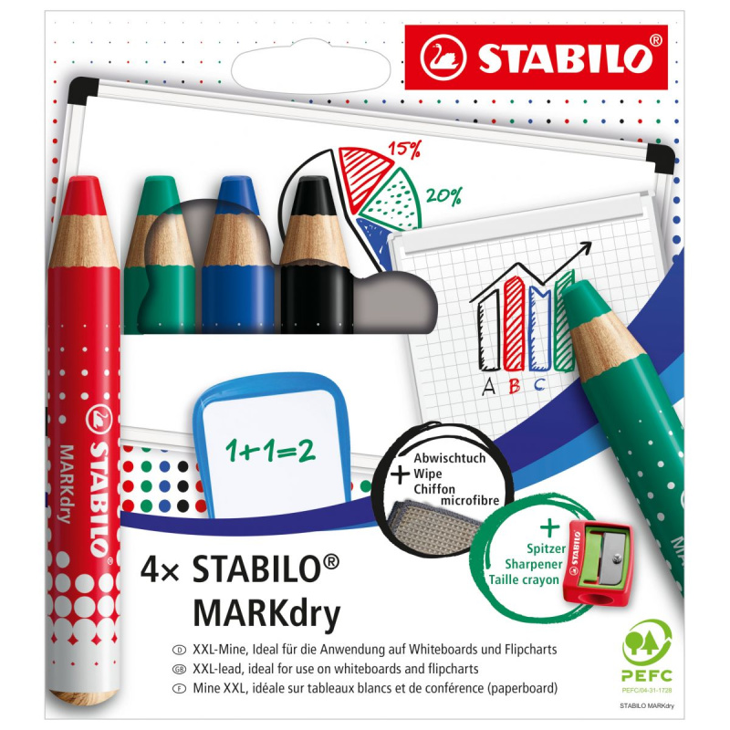Suchý popisovač na bílé tabule STABILO MARKdry - kulatý hrot, sada 4 barev, s ořezávátkem a hadříkem