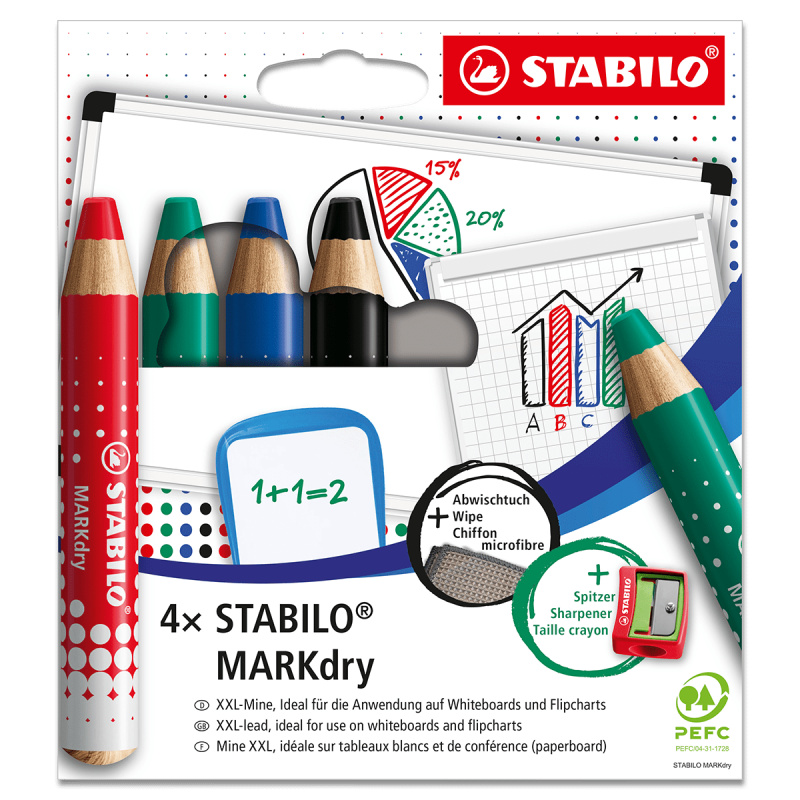 Suchý popisovač na bílé tabule STABILO MARKdry - kulatý hrot, sada 4 barev, s ořezávátkem a hadříkem
