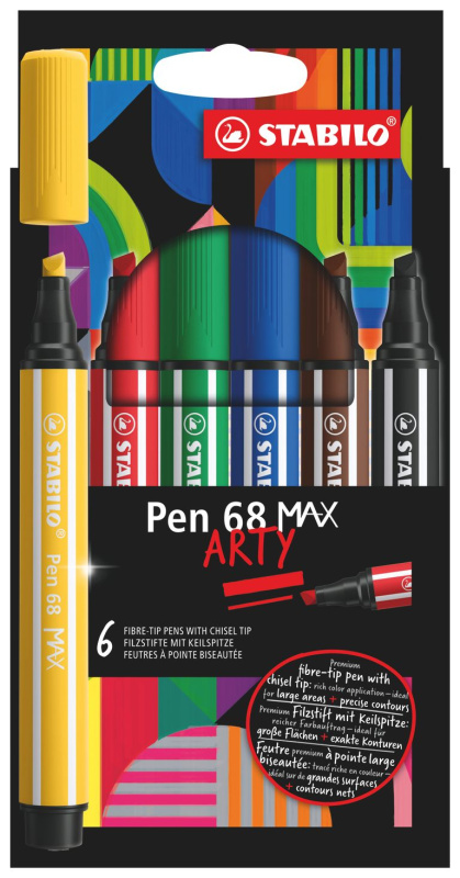 Prémiová vláknová fixka s hrubým klinovým hrotom - STABILO Pen 68 MAX - ARTY - 6 ks sada