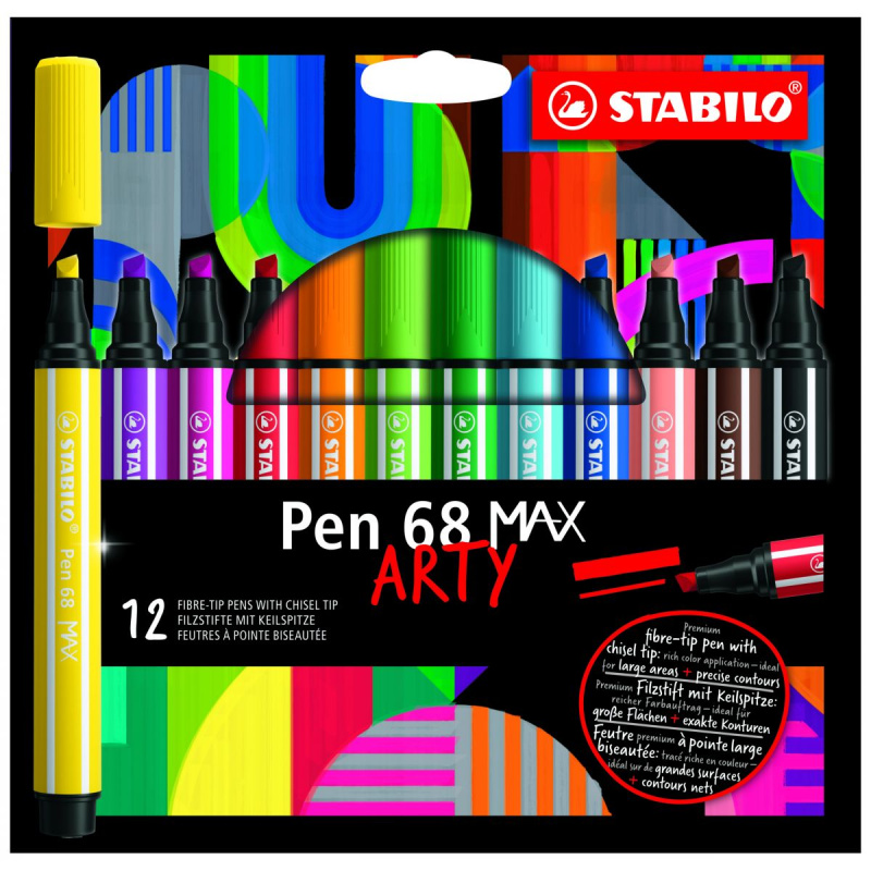 Prémiový vláknový fix se silným klínovým hrotem STABILO Pen 68 MAX ARTY 12 ks sada