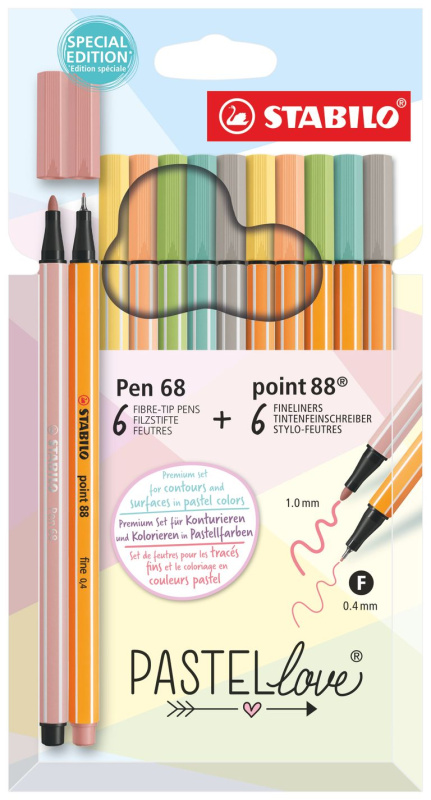Jemný liner & prémiový vláknový fix STABILO point 88 & STABILO Pen 68 Pastellove 12 ks sada