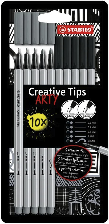 Kreativní sada STABILO Creative Tips ARTY - 10 ks, černé a šedé popisovače, mix šíří