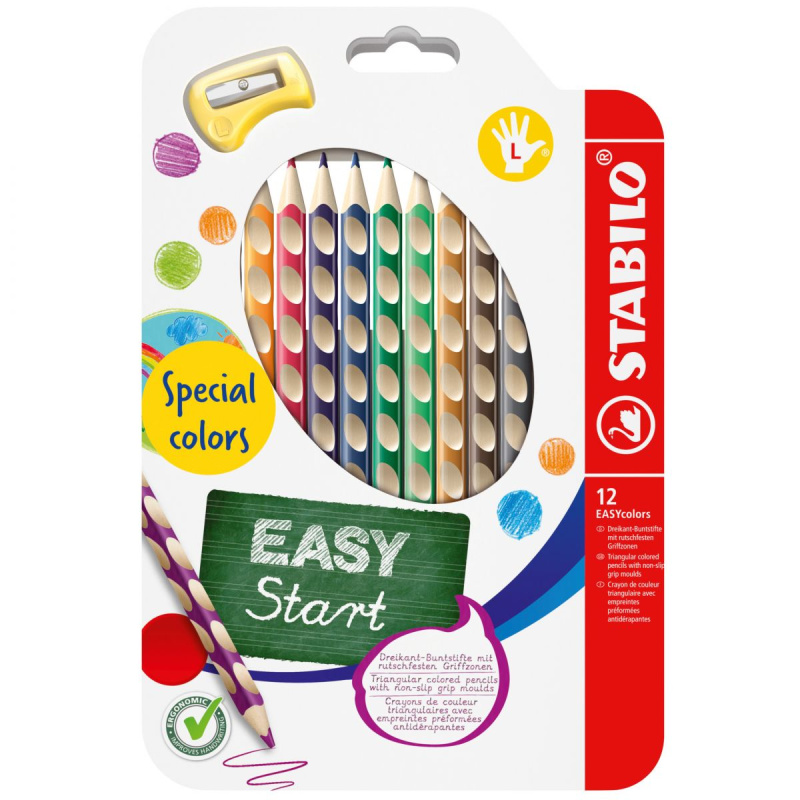 Ergonomické farbičky pre ľavákov - STABILO EASYcolors - 12 ks sada so strúhadlom