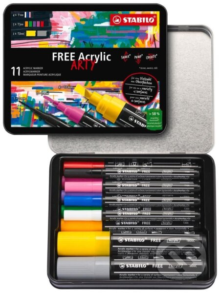 Akrylový popisovač STABILO FREE Acrylic - startovací sada 11 ks se 3 různými hroty - mix barev